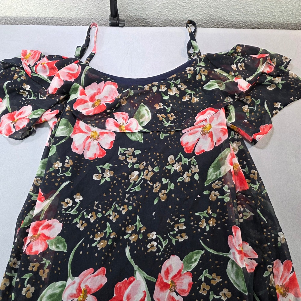 Cabi Womens Floral Cold Shoulder Ruffle Blouse Navy Blue Pink 5220 Large